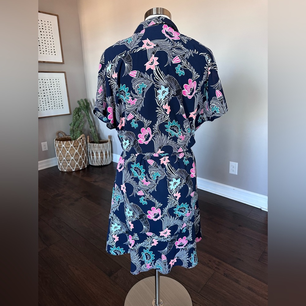 Banana Republic Short Sleeve Shirt Dress Tropical Floral Bird Print Navy 12 EUC - Picture 10 of 16